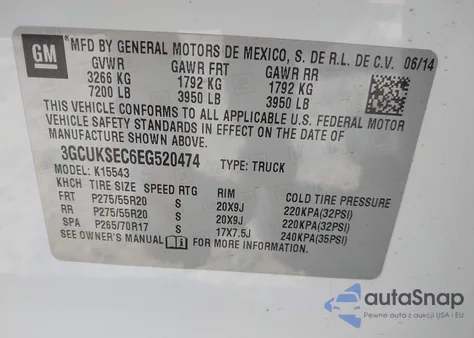 2014 Chevrolet Silverado 1500 1Lz из США, поврежденный, VIN 3GCUKSEC6EG520474